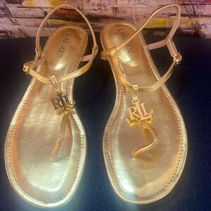 RALPH LAUREN ELMSTEAD Gold Metallic Leather (Size8.5) Logo Sandals